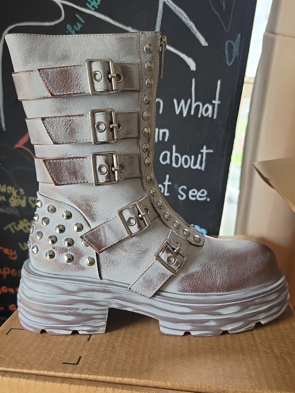 Metallic Silver Studded Platform Combat Boot - Women's